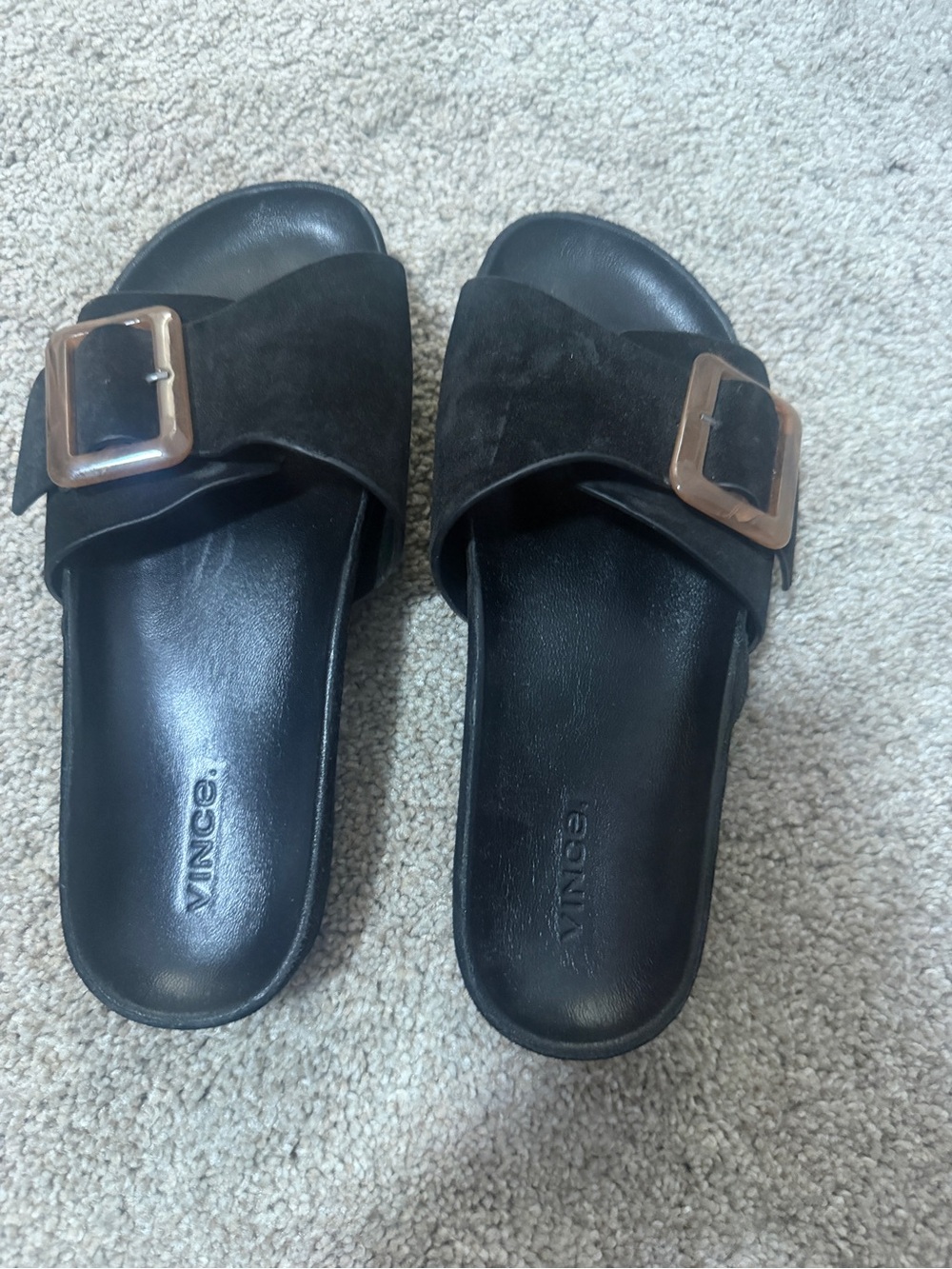 Vince Black Suede Slide Sandals with Gold Buckles